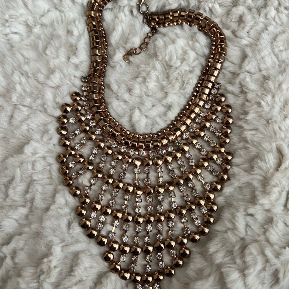 Elegant Rose Gold Beaded & Rhinestone Statement Necklace